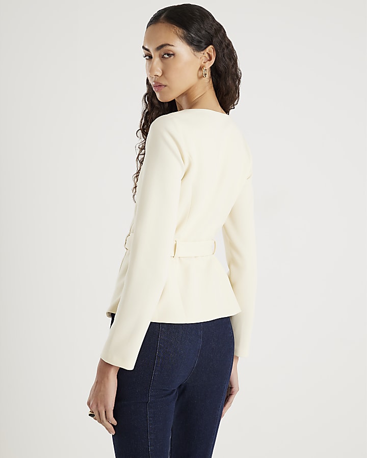 River Island Cream Long Sleeve Belted Mixed Button Blazer