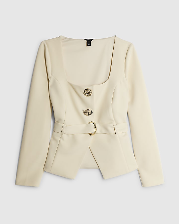 river island Cream Long Sleeve Belted Mixed Button Blazer