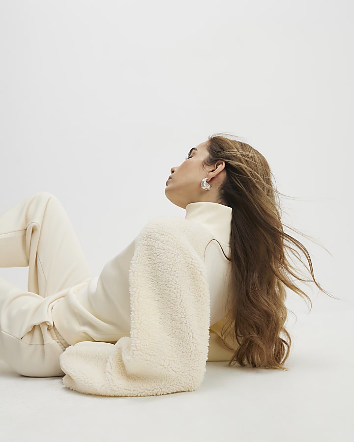 River Island Cream Long Sleeve Borg Detail Sweatshirt