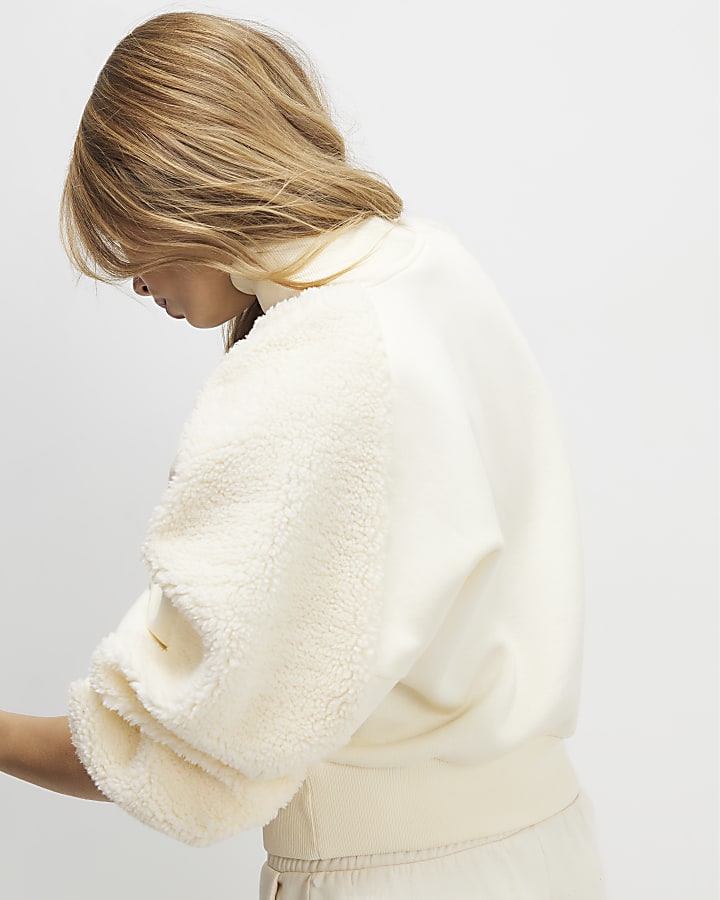 River Island Cream Long Sleeve Borg Detail Sweatshirt