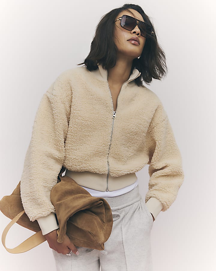 River Island Cream Long Sleeve Borg Zip Up Sweatshirt