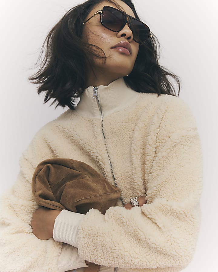 River Island Cream Long Sleeve Borg Zip Up Sweatshirt