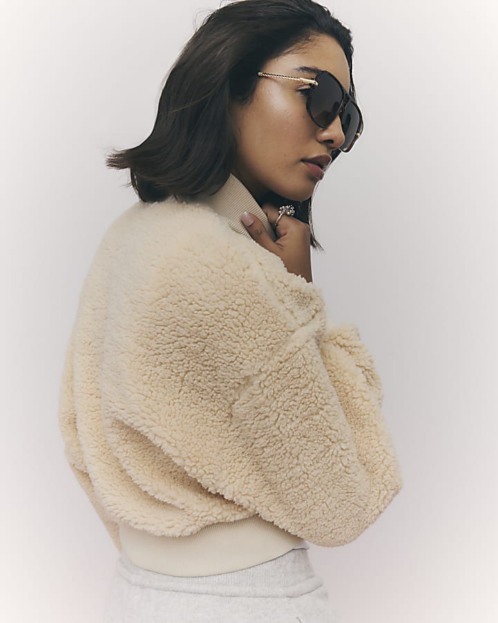 River Island Cream Long Sleeve Borg Zip Up Sweatshirt