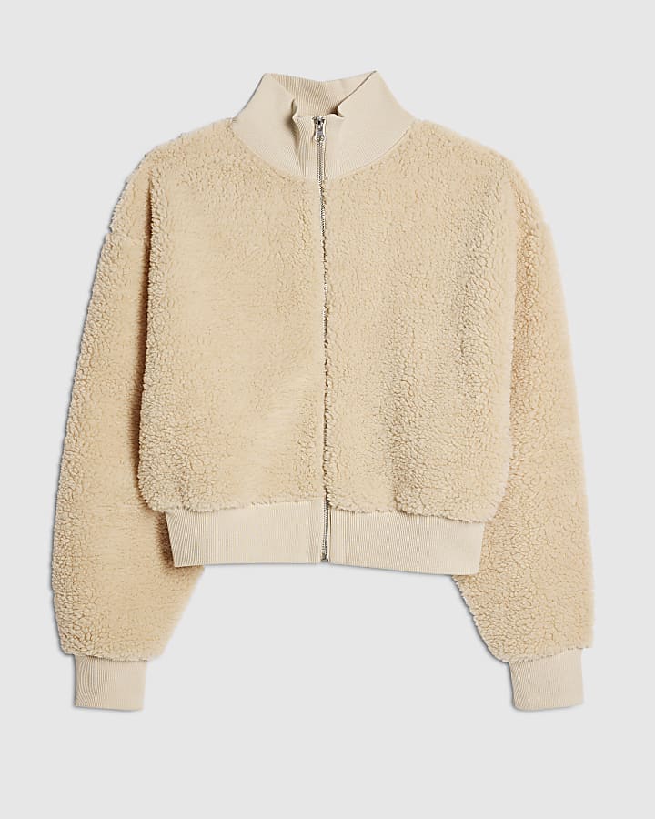 river island Cream Long Sleeve Borg Zip Up Sweatshirt