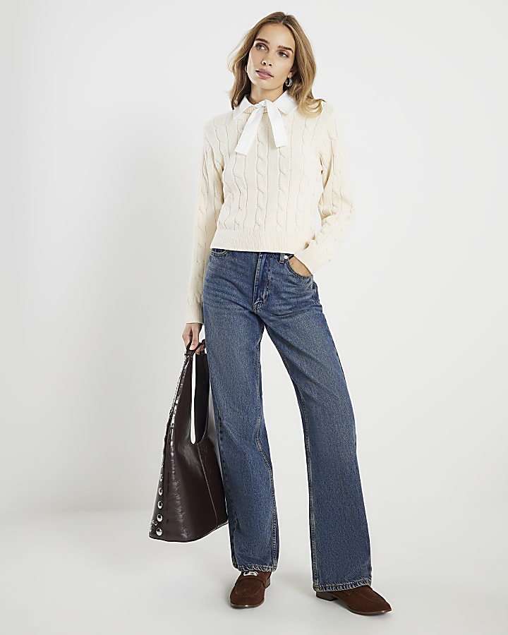 River Island Cream Long Sleeve Collared Cable Knit Jumper