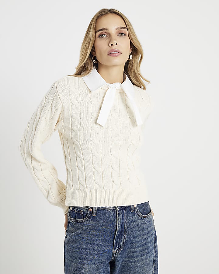 River Island Cream Long Sleeve Collared Cable Knit Jumper