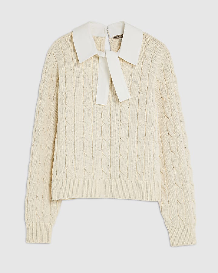 river island Cream Long Sleeve Collared Cable Knit Jumper
