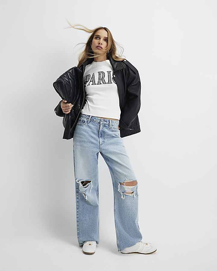 River Island Cream Long Sleeve Dogtooth Paris T-Shirt