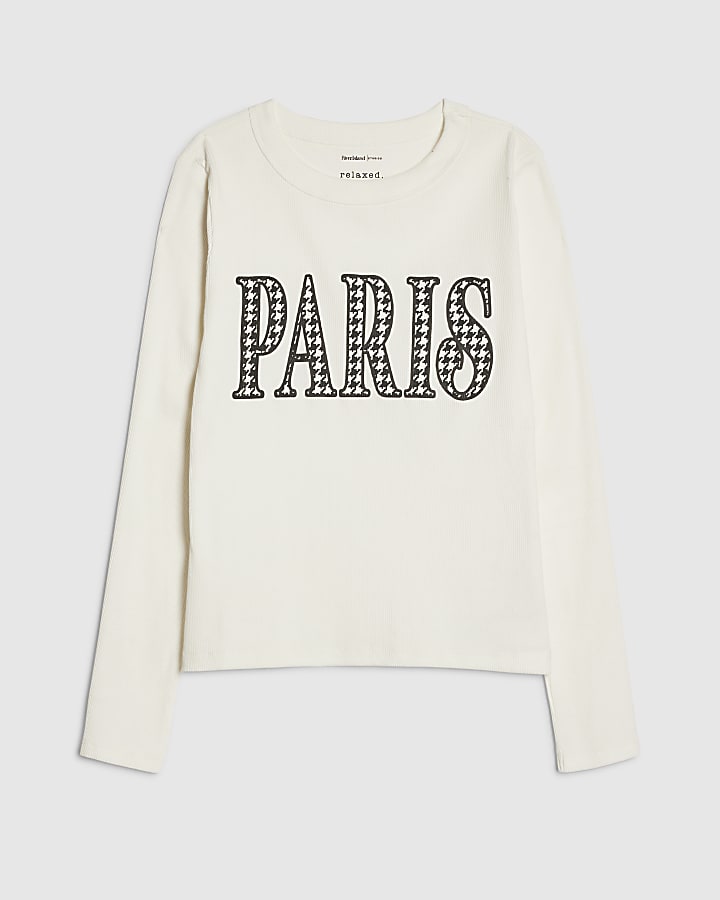 river island Cream Long Sleeve Dogtooth Paris T-Shirt