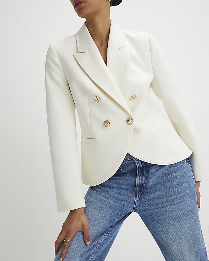 River Island Cream Long Sleeve Double Breasted Blazer
