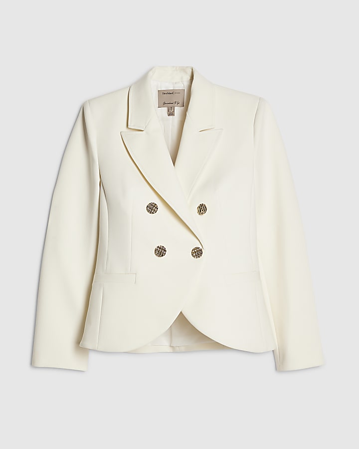 river island Cream Long Sleeve Double Breasted Blazer