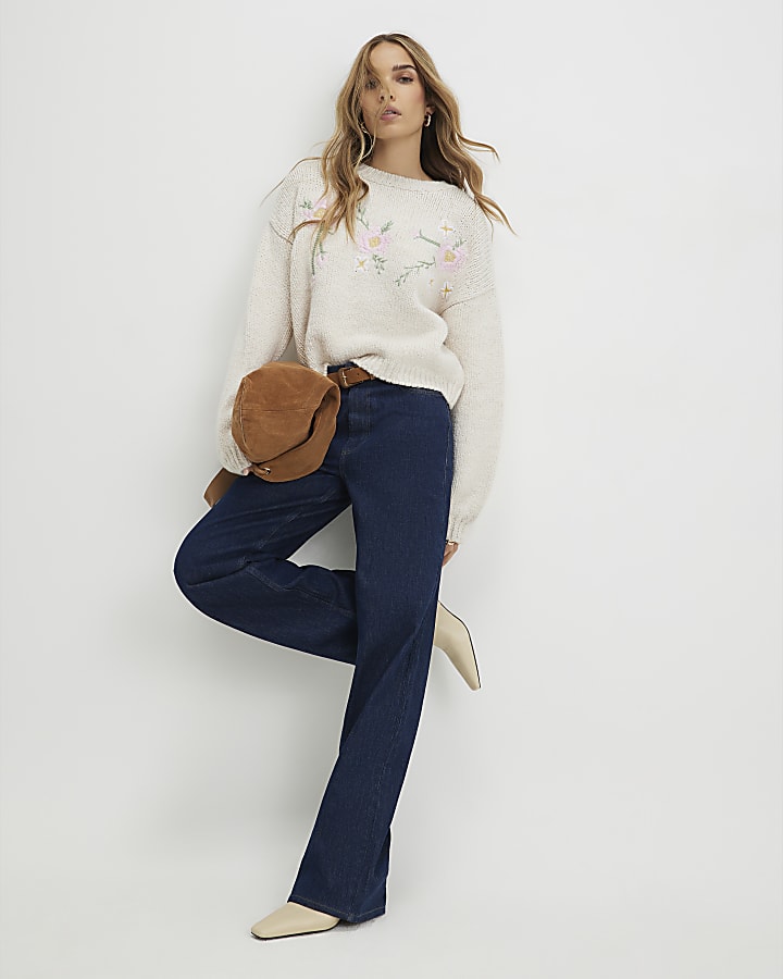 River Island Cream Long Sleeve Embroidered Flower Jumper