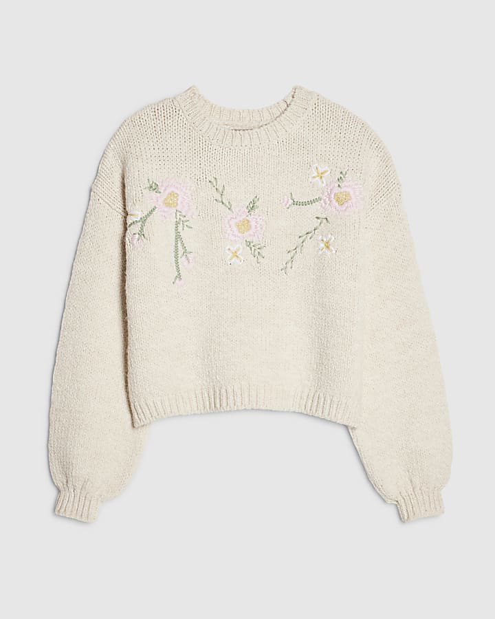 river island Cream Long Sleeve Embroidered Flower Jumper
