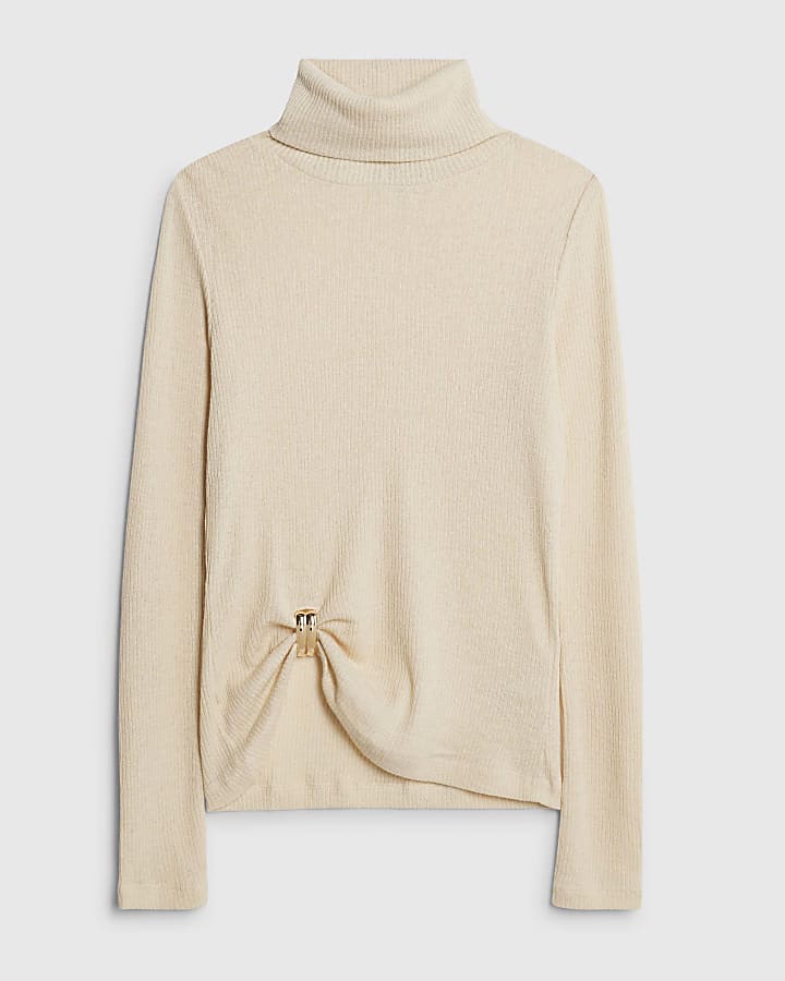 river island Cream Long Sleeve Gold Detail Roll Neck Top