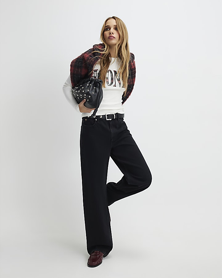 River Island Cream Long Sleeve Iconic Check Fitted T-Shirt