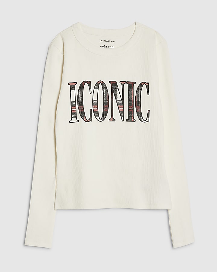 river island Cream Long Sleeve Iconic Check Fitted T-Shirt