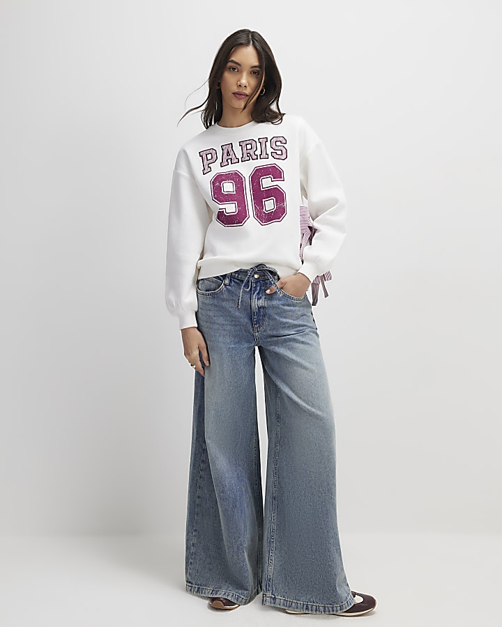 River Island Cream Long Sleeve Paris Bow Sweatshirt