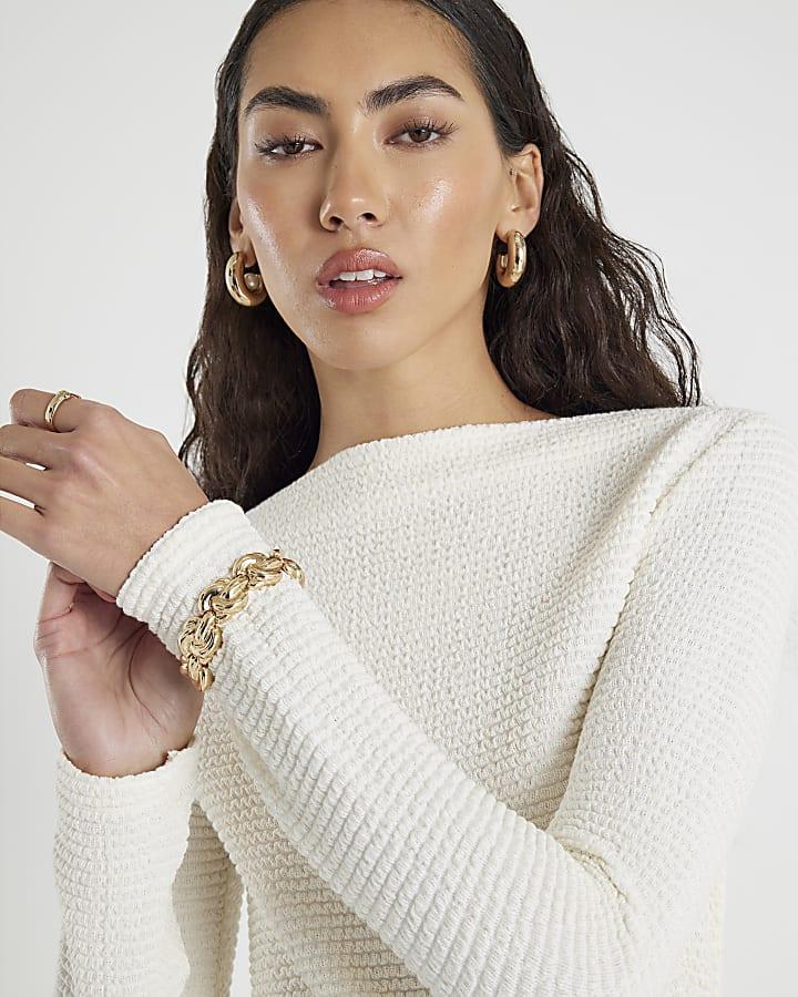 River Island Cream Long Sleeve Waffle Textured Drape Top