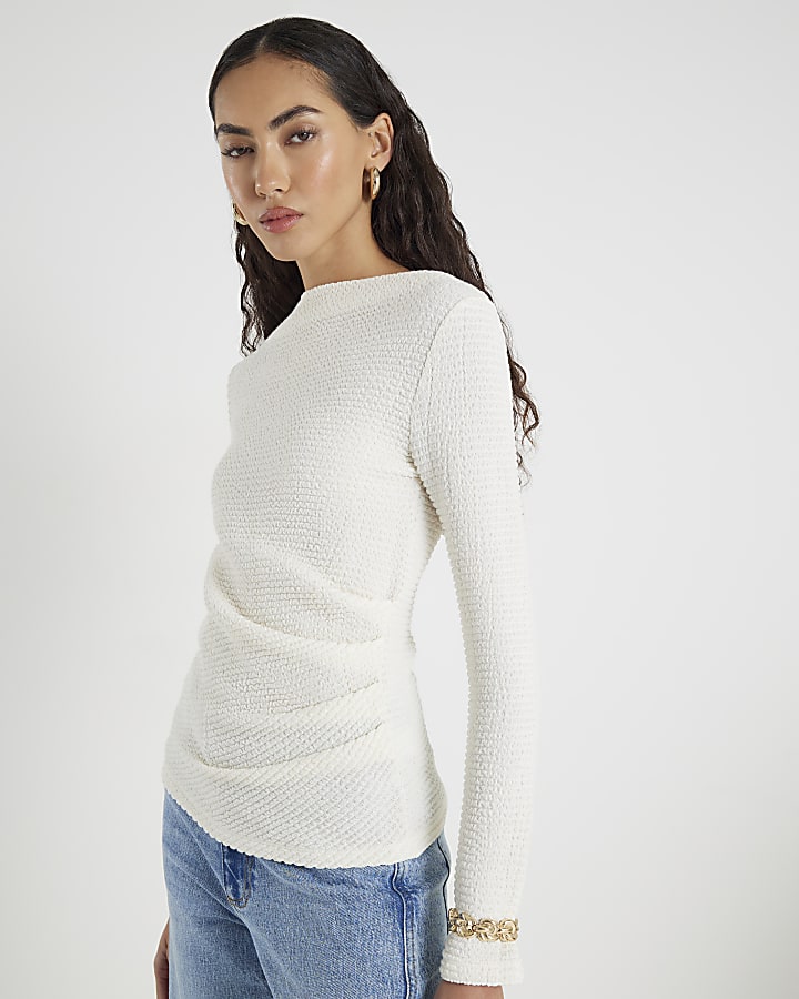 River Island Cream Long Sleeve Waffle Textured Drape Top
