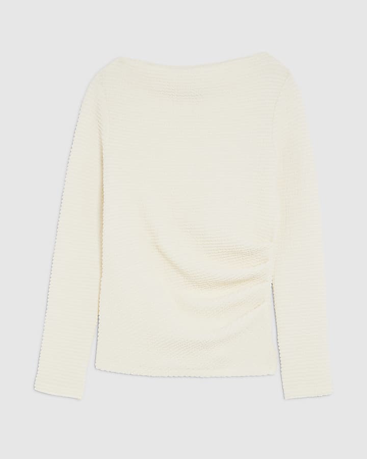 river island Cream Long Sleeve Waffle Textured Drape Top