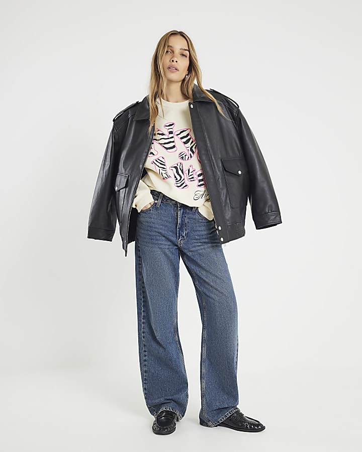 River Island Cream Long Sleeve Zebra Print NYC Sweatshirt