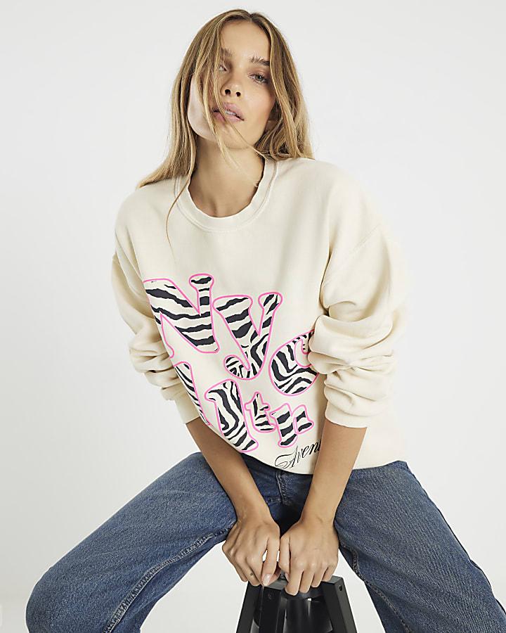River Island Cream Long Sleeve Zebra Print NYC Sweatshirt