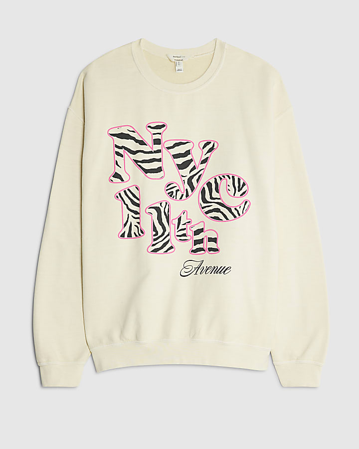 river island Cream Long Sleeve Zebra Print NYC Sweatshirt