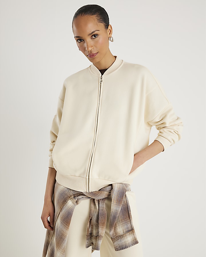 River Island Cream Long Sleeve Zip Up Bomber Sweatshirt