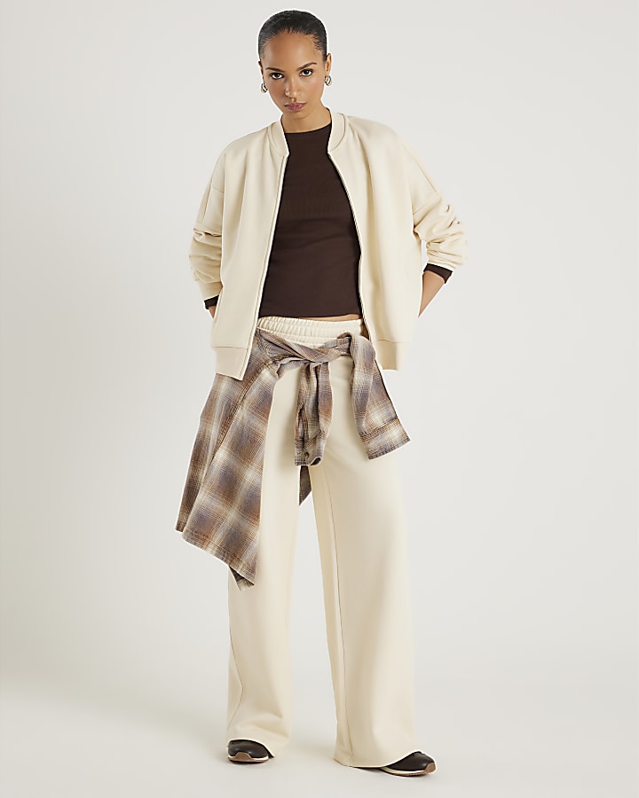 River Island Cream Long Sleeve Zip Up Bomber Sweatshirt