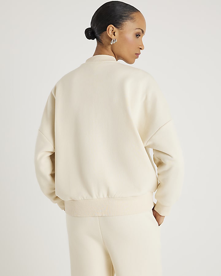 River Island Cream Long Sleeve Zip Up Bomber Sweatshirt