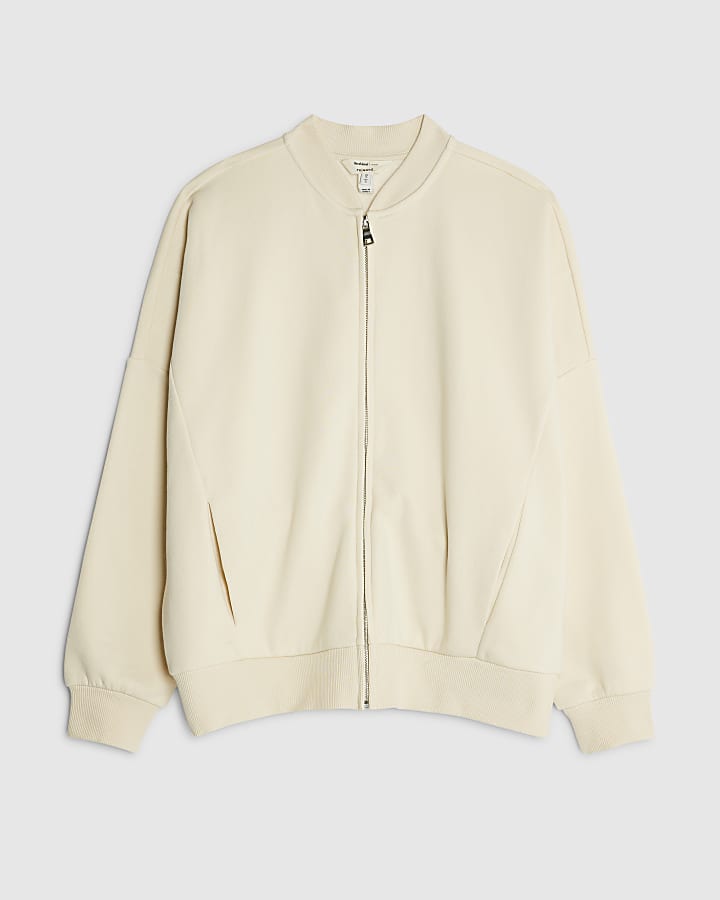 river island Cream Long Sleeve Zip Up Bomber Sweatshirt