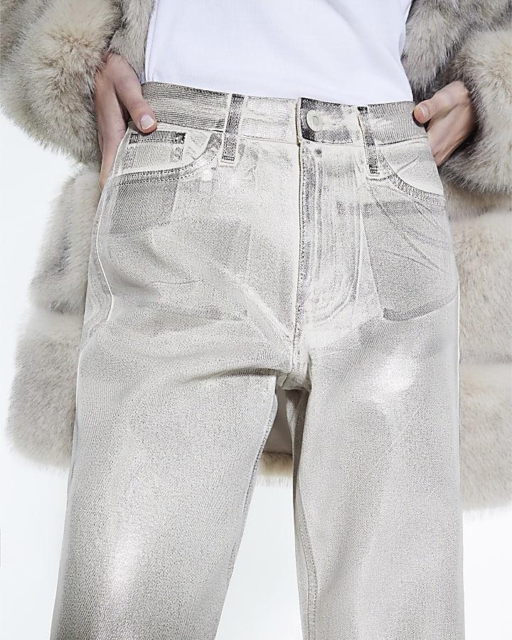 River Island Cream Metallic Coated Relaxed Straight Jeans