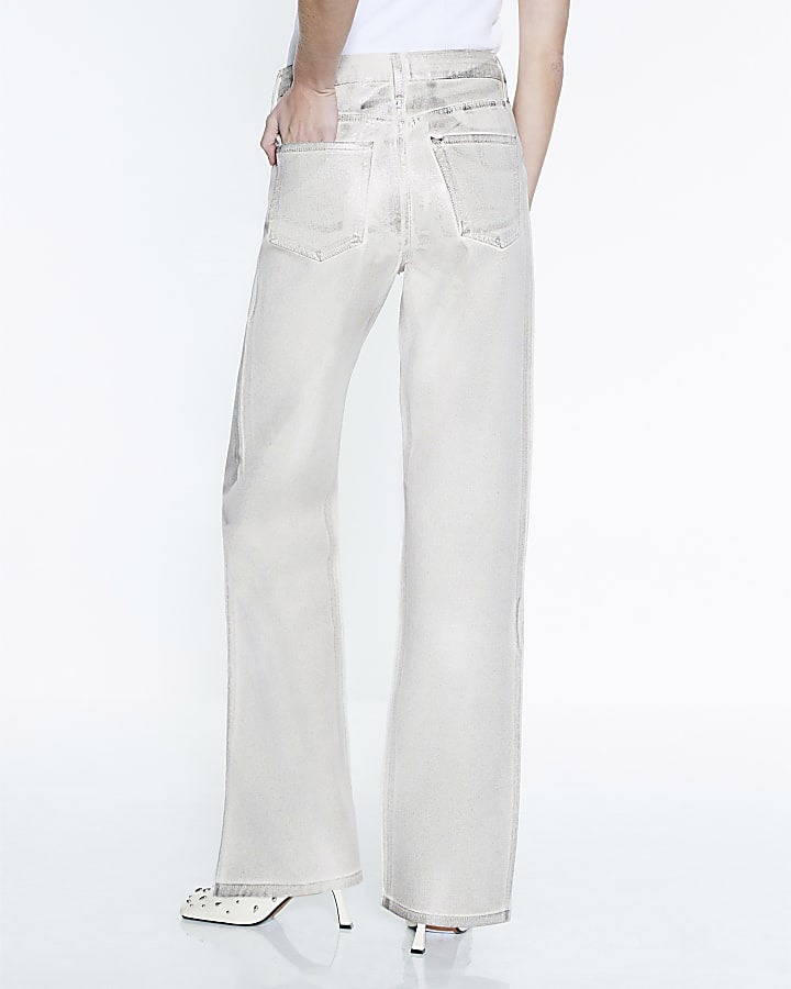 River Island Cream Metallic Coated Relaxed Straight Jeans