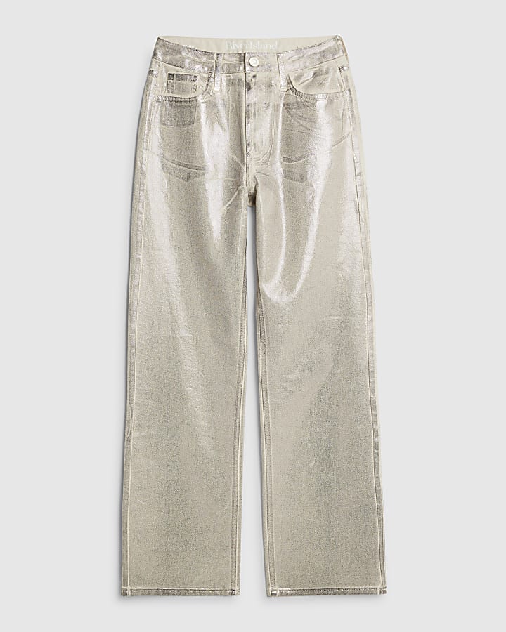 river island Cream Metallic Coated Relaxed Straight Jeans