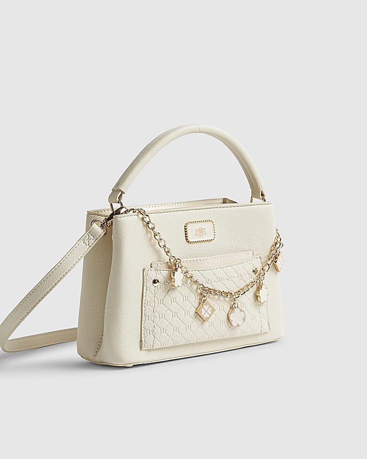River Island Cream Monogram Pocket Front Charmed Tote Bag