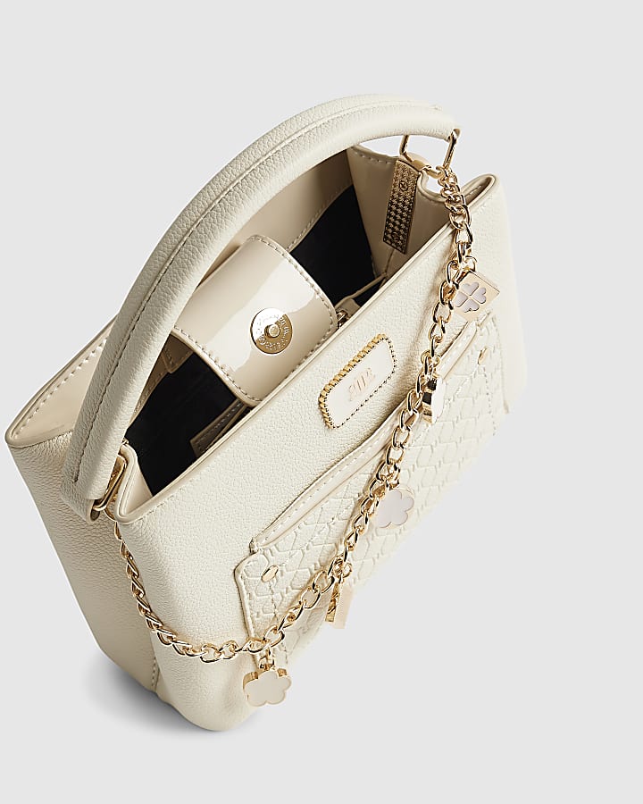 river island Cream Monogram Pocket Front Charmed Tote Bag