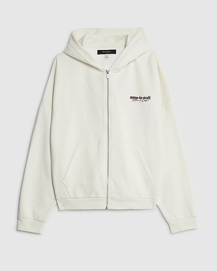 river island Cream Oversized Fit Ame Le Nuit Hoodie