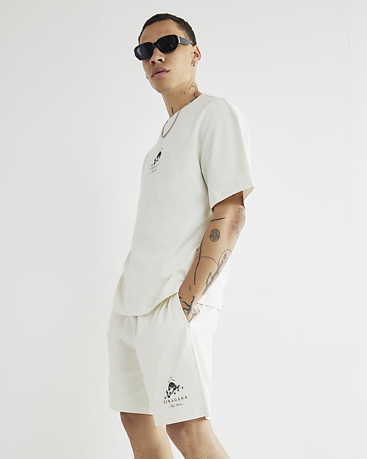 River Island Cream Oversized Japanese T-Shirt & Shorts Set