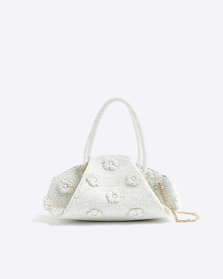 River Island Cream Premium Beaded Flower Clutch Bag