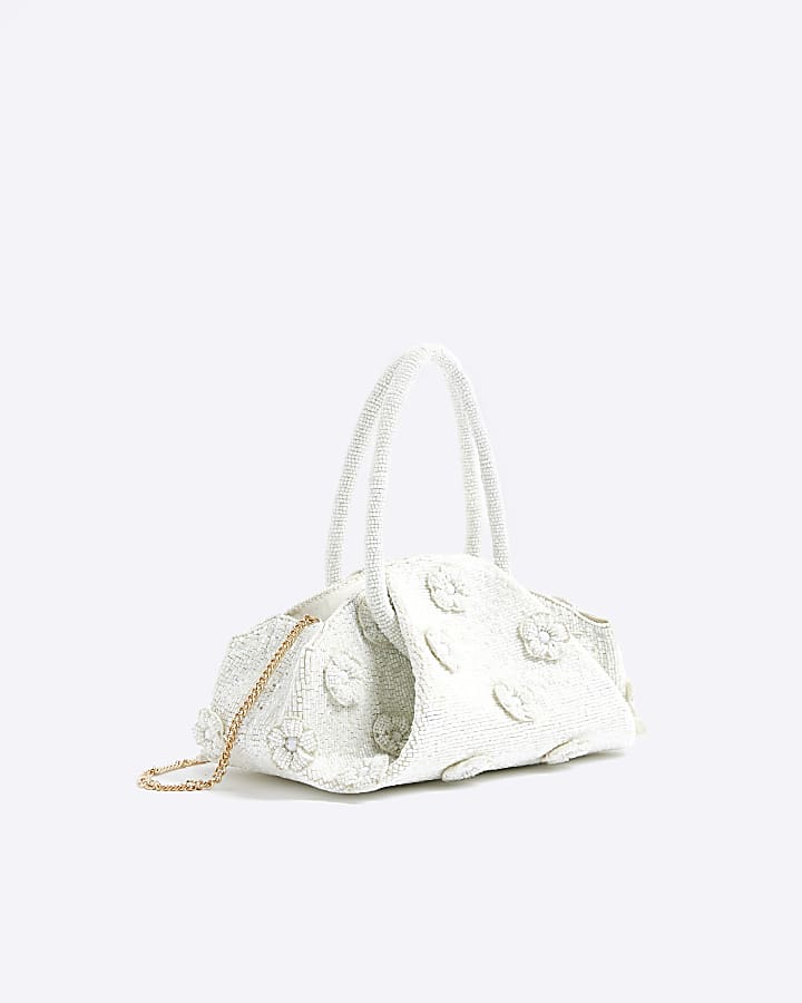 River Island Cream Premium Beaded Flower Clutch Bag