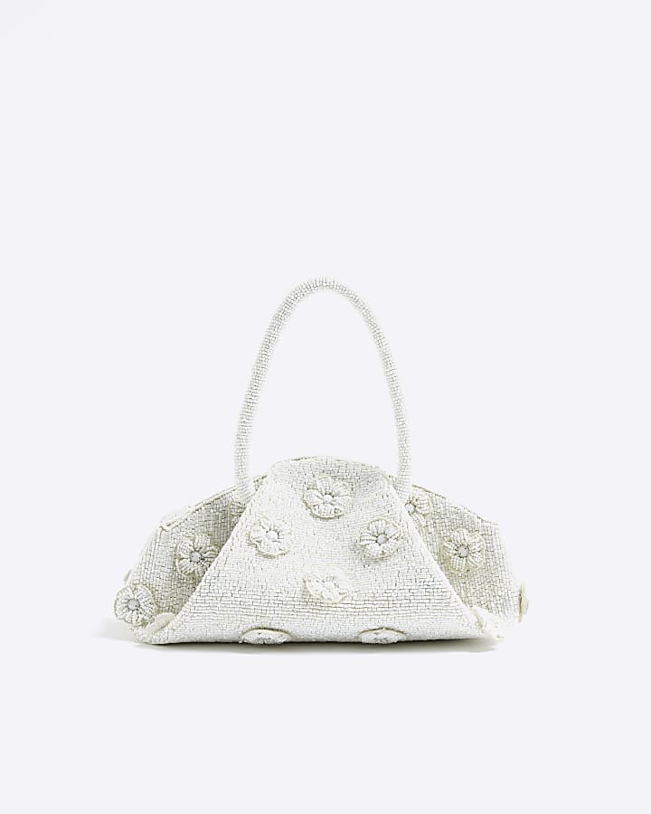 River Island Cream Premium Beaded Flower Clutch Bag
