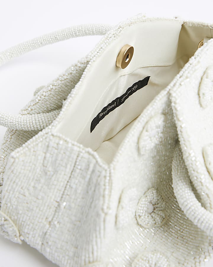 river island Cream Premium Beaded Flower Clutch Bag
