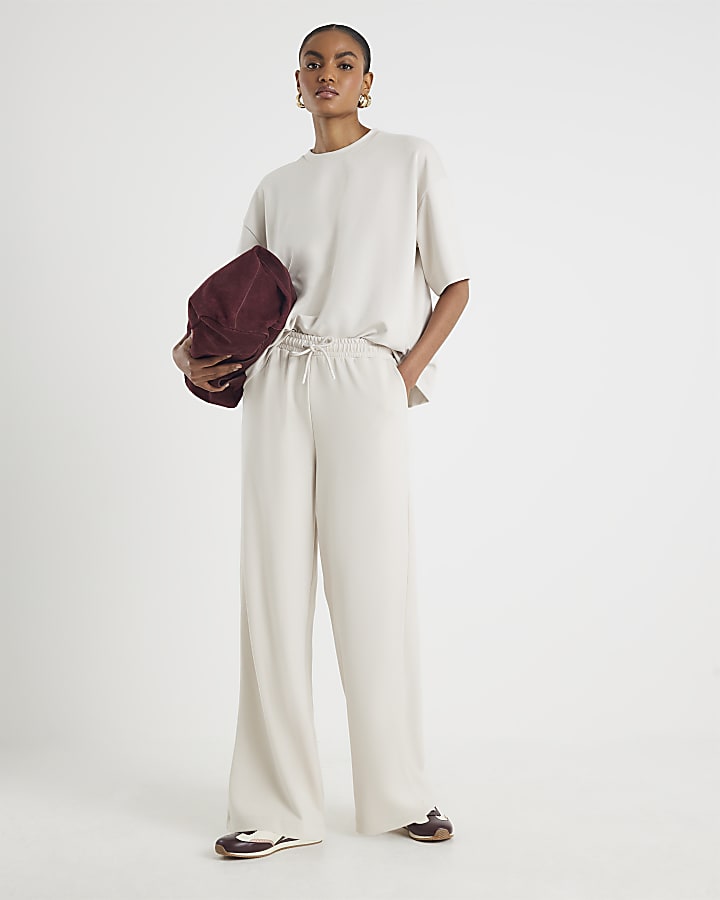 River Island Cream Premium High Waisted Wide Leg Joggers