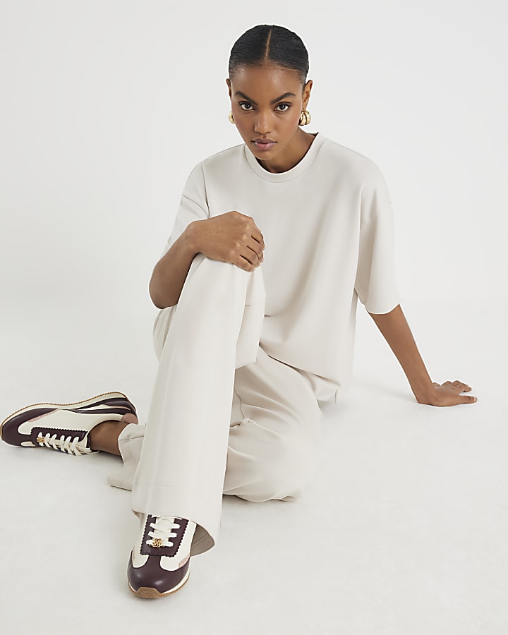 River Island Cream Premium High Waisted Wide Leg Joggers