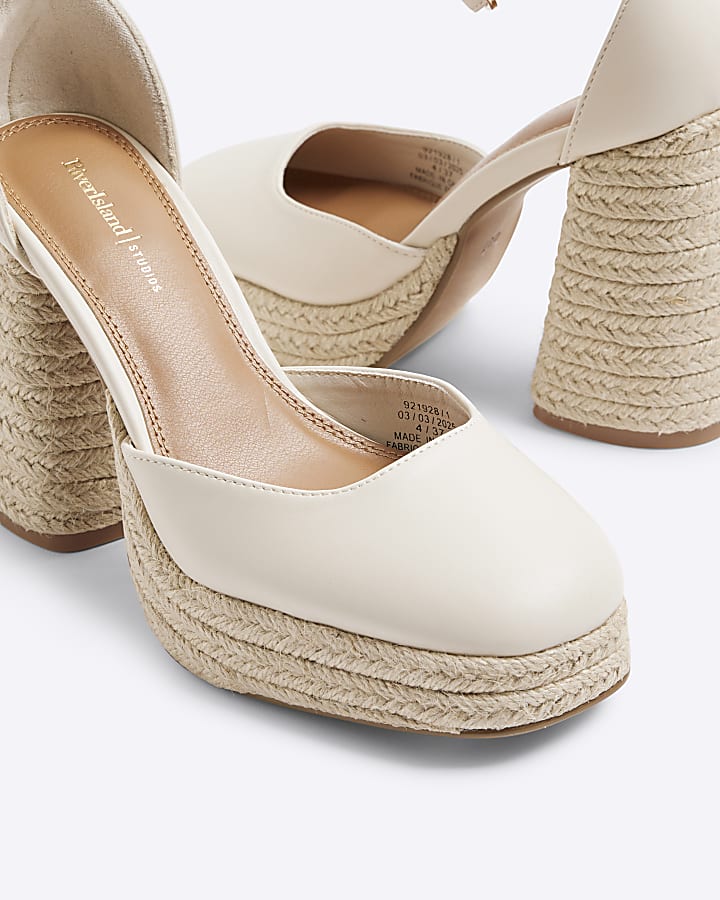 river island Cream Raffia Platform Block Heeled Shoes