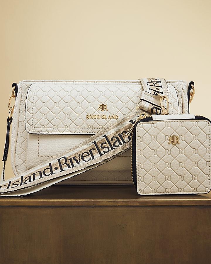River Island Cream RI Monogram Pouchette Cross Body Bag