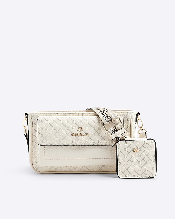 River Island Cream RI Monogram Pouchette Cross Body Bag