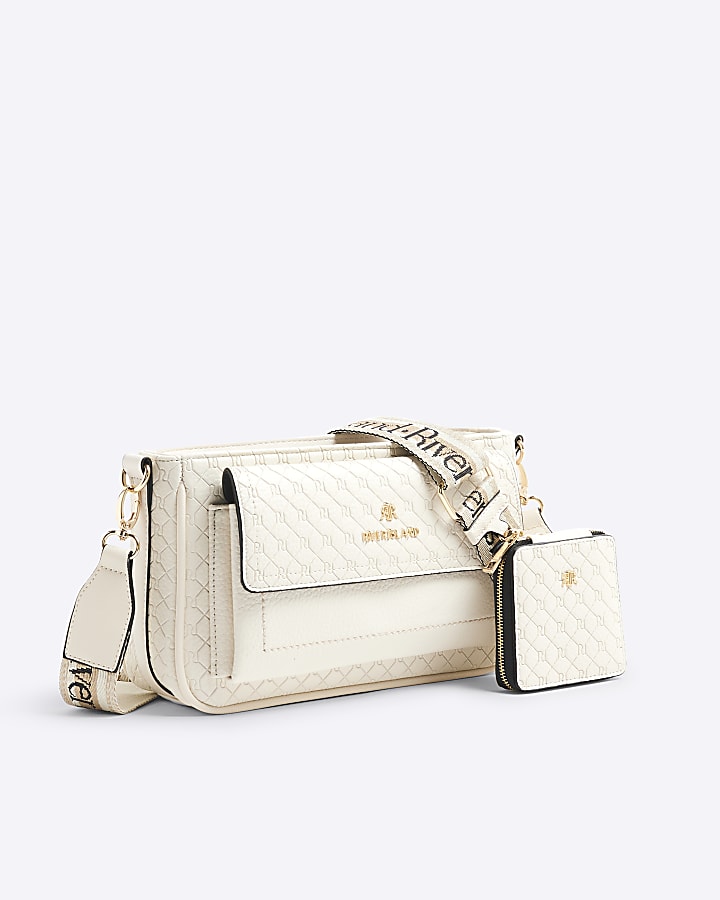 River Island Cream RI Monogram Pouchette Cross Body Bag