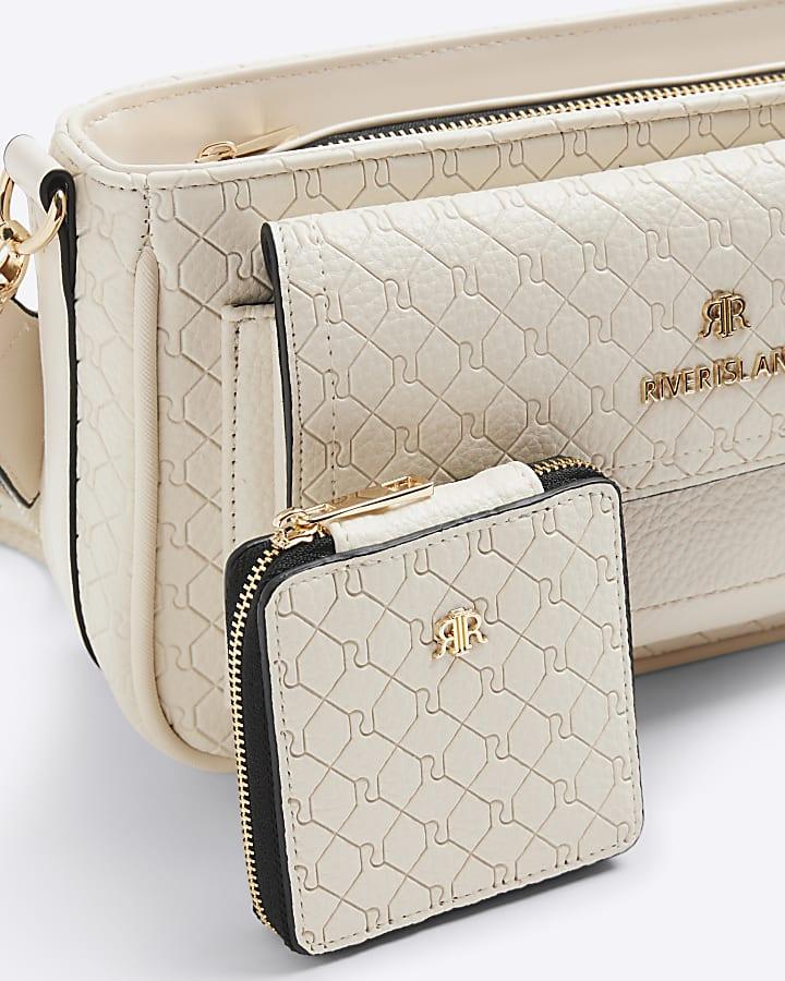 river island Cream RI Monogram Pouchette Cross Body Bag