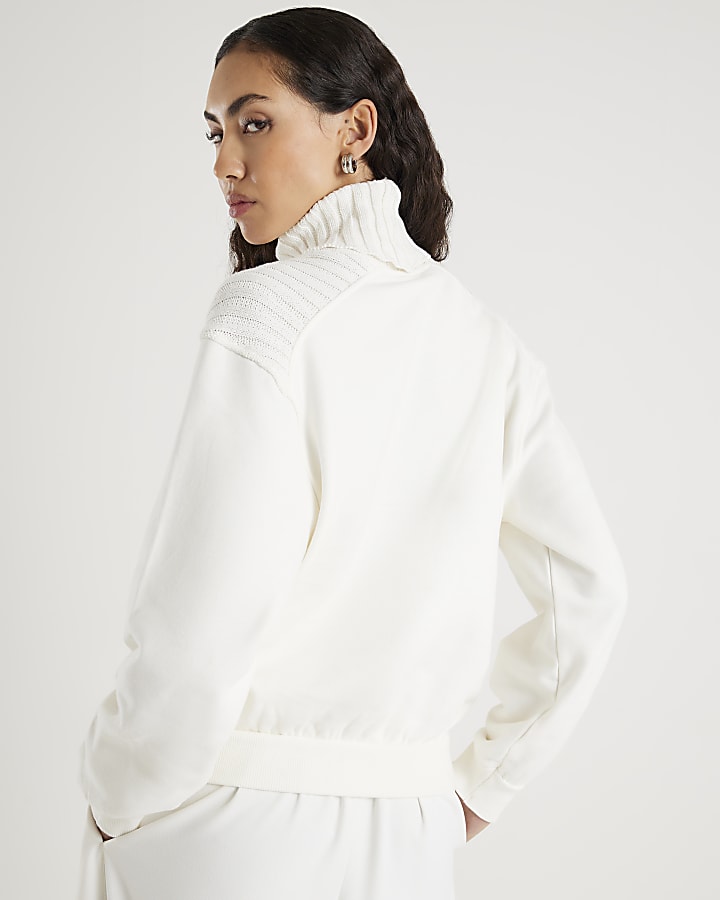 River Island Cream Roll Neck Hybrid Knit Sweatshirt